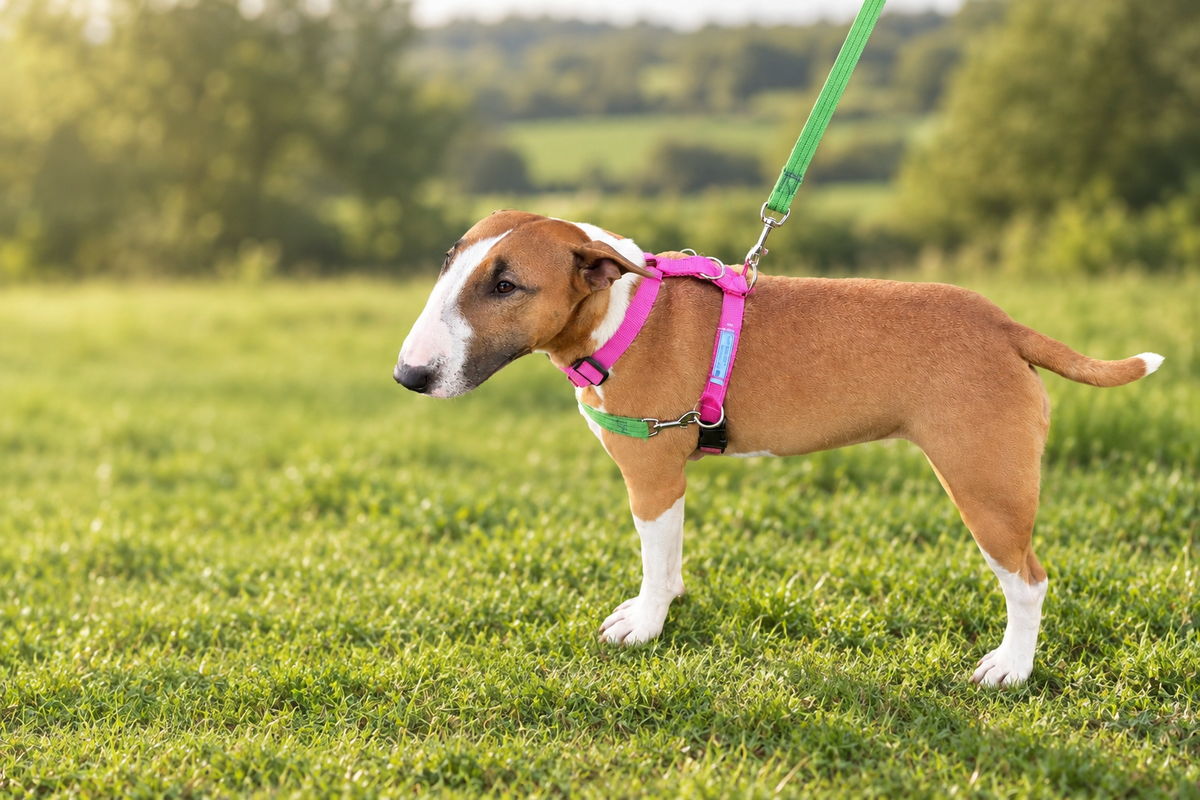 Dog and harness with a softer countryside background