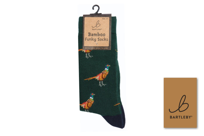 Green sock with pheasant design on a white background, featuring Bartley brand packaging.
